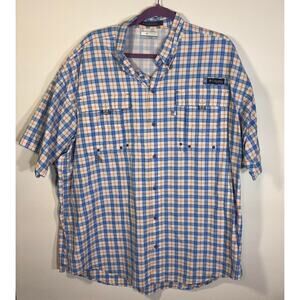 Columbia PFG Super Bahama Plaid Fishing Shirt Blue Orange XL Vented